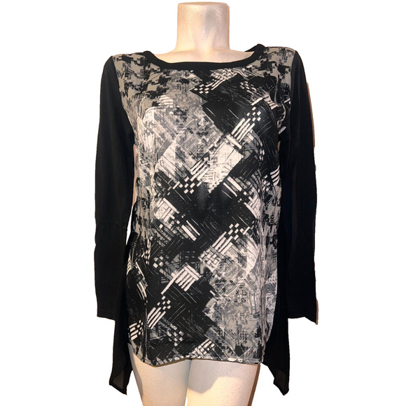 PHILOSOPHY Top Women's Size M Gray Black Print Polyester Blouse w/Knit Sleeves - Picture 1 of 6